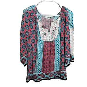 Crown & Ivy Blouse Women's Small V-Neck Lace 3/4 Sleeve Printed Casual Shirt Top